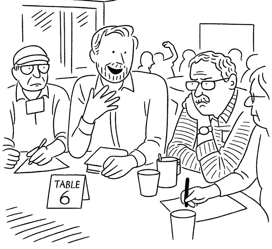 Cartoon of Alex Newman (second from right), candidate for Edmonds City Council #3, talks to voters, including Ross Dimmock (third from right), recently appointed as an at-large Edmonds Port Commissioner, at the Edmonds Civic Roundtable’s candidate speed-dating event on Monday, June 3rd. Photo credit: Julia Wiese, My Edmonds News