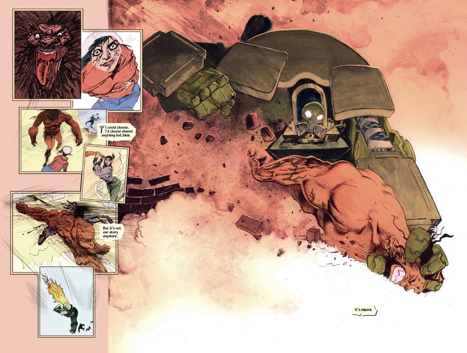 A page from the 20th Century Men comic depicting a supersoldier for the USSR battling a supersoldier from th USA.