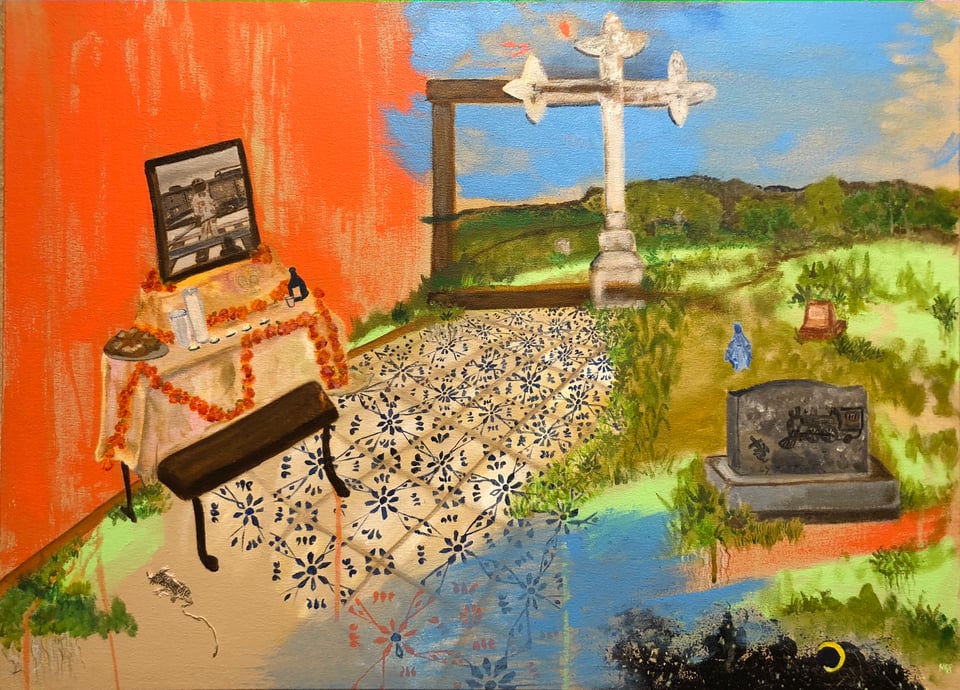 painting of an altar with photo and graveyard interior