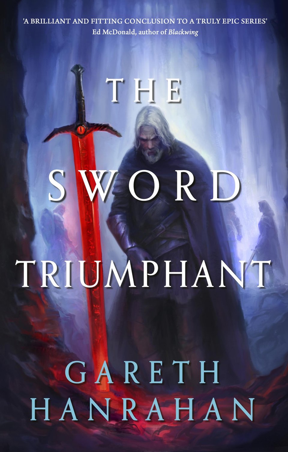 An old warrior, bends before a black sword, as the sword glows red. In the background a dark blue scene shows shadowy figures moving between trees.