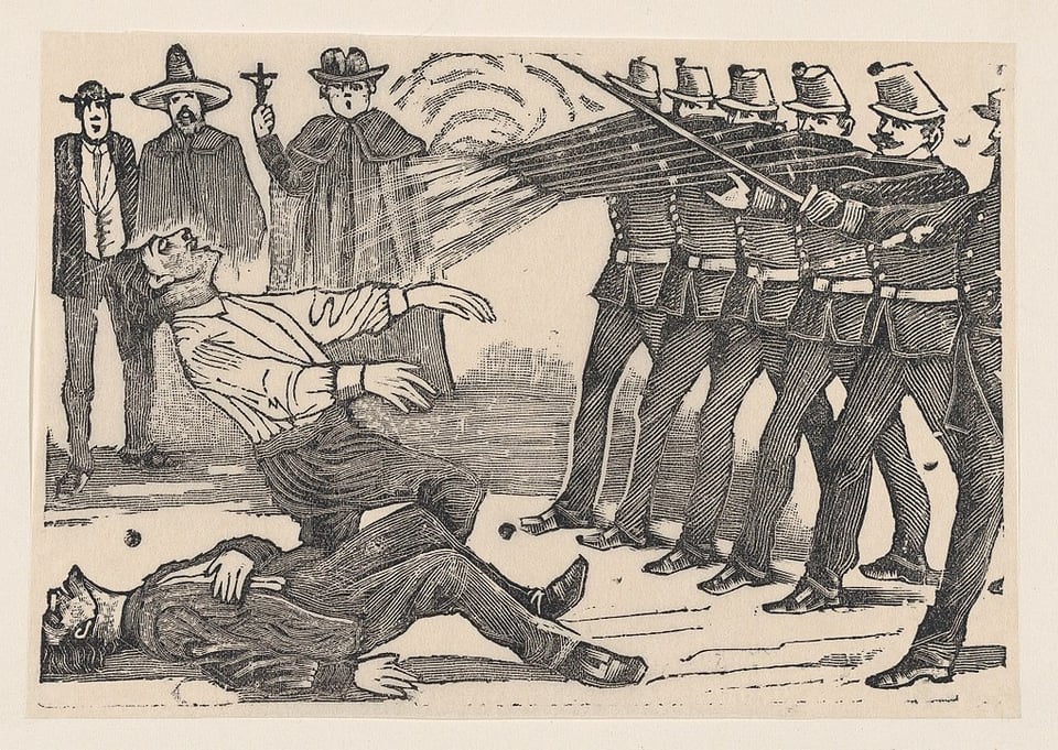 A drawing of a row of soldiers standing in a line executing two people. There are observers watching, including one holding a cross who appears to be some sort of priest.