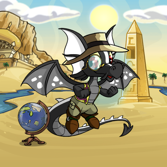 A screenshot of a black and white dragon with a hat and monocle.
