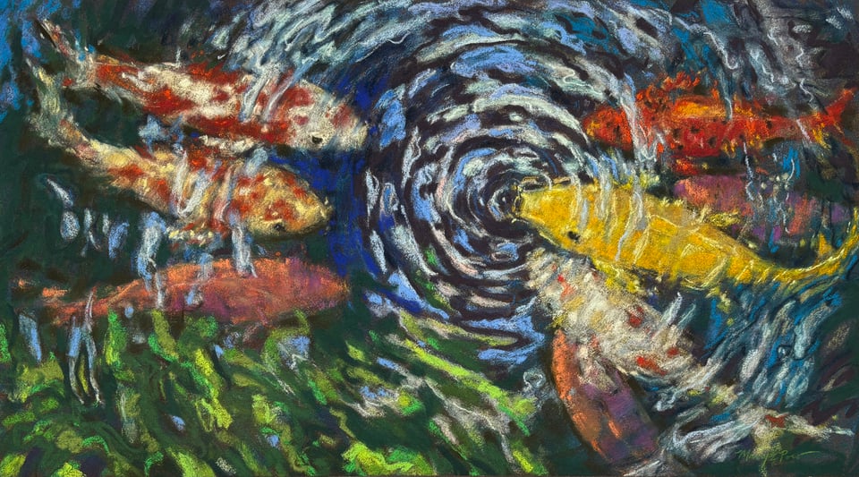 pastel painting by mary pow of koi fish in a pond