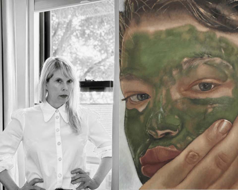 A black-and-white press portrait of Johanna Fateman and a cropped image of a painting by Issy Wood of a woman's face. She looks toward the viewer and is wearing some kind of mossy green facial mask and is resting her cheek in her hand.