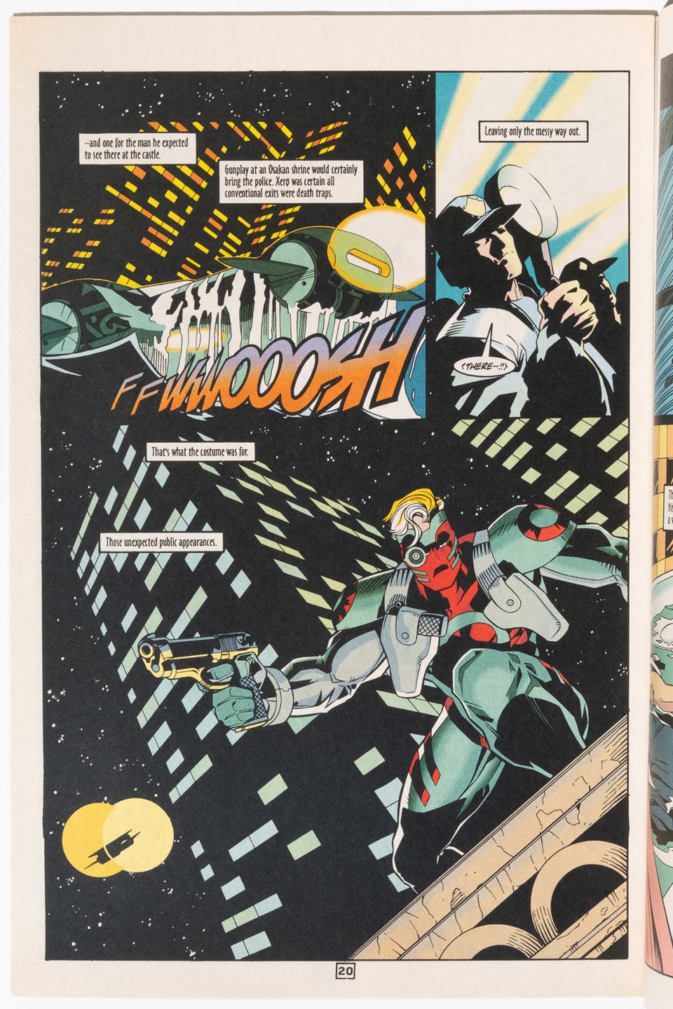 a 3 panel page from Xero. The first panel shows Xero's futuristic jetplane emerging out of the water in Osaka. The second panel shows men aiming spotlights up. The third panel takes up most of the page. Xero is spotlit against silhouetted skyscrapers at night. He is standing on a rooftop looking down with one of his guns drawn