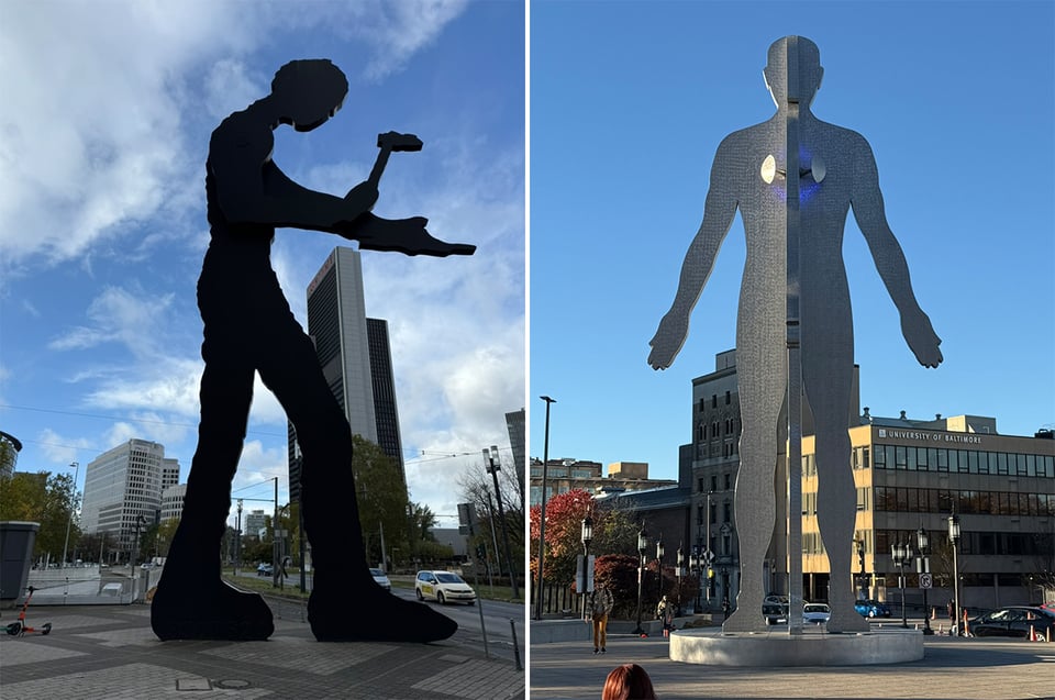 two photos: left, a towering sculpture of a man with a hammer in Frankfurt; right, a towering sculpture of a man with a pair of speakers or something where his heart would be, in Baltimore