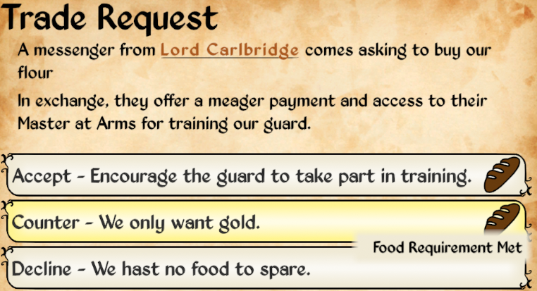 My Liege gameplay showing the new requirements met icons on the right side of specific choices.