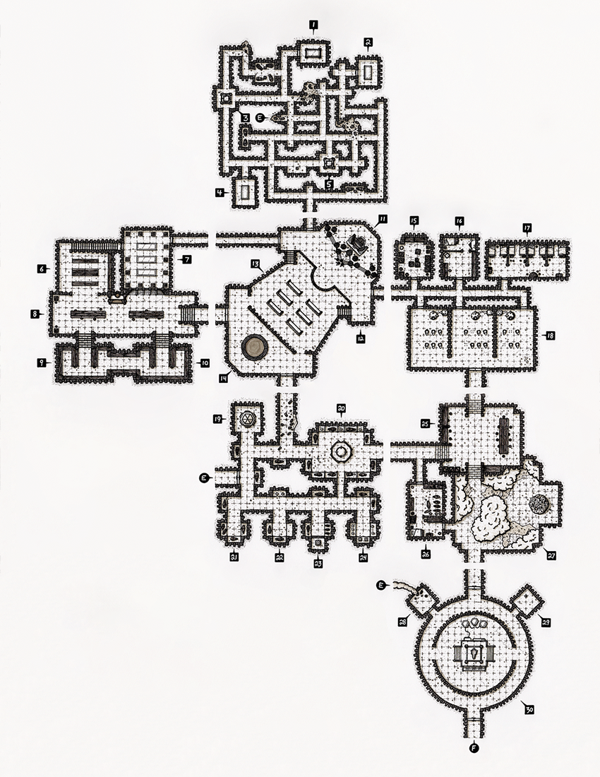 Map: Monastery, 7 major areas, crypts, library, chancel, clergy chambers, more crypts, court of the old gods, experimentation chamber.