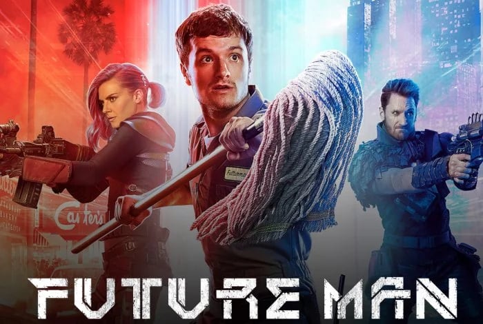 Future Man: The image is of three people, a man and woman on either side with guns and a man in the middle with a mop; the background is a sort of lens flare red and blue and the lettering is ‘futuristic’.