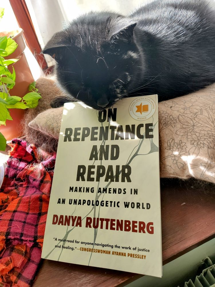 A black cat is posing on a tan/pink pillow with its head poking over a softcover book. The book reads On Repentance And Repair: Making amends in an unapologetic world; Danya Ruttenberg.