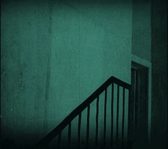 The shadow of a vampire as it creeps up a staircase