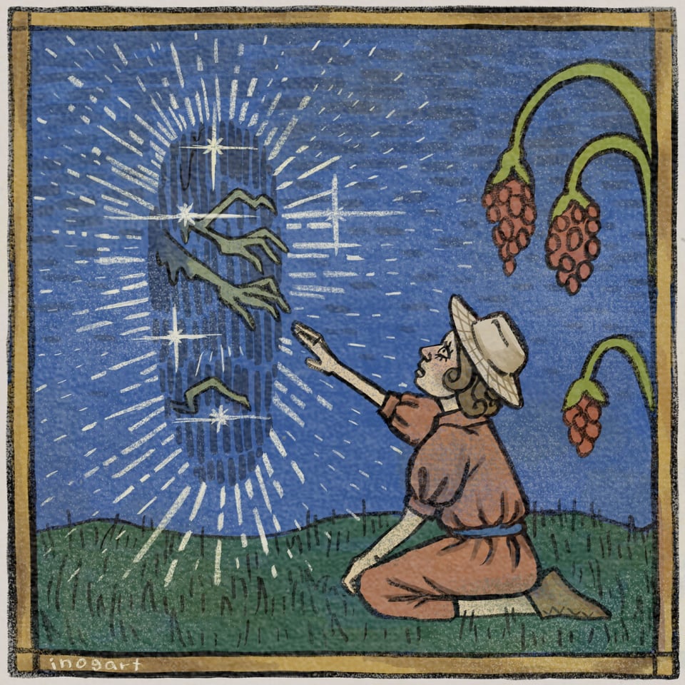 A medieval-style illustration showing someone kneeling and reaching up into a portal, through which otherworldly hands are emerging.
