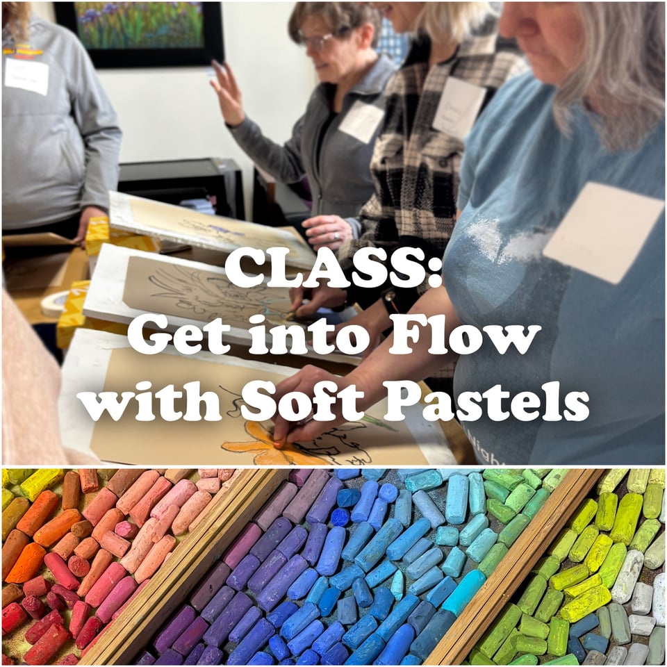 people at a drawing class and an image of colorful soft pastels