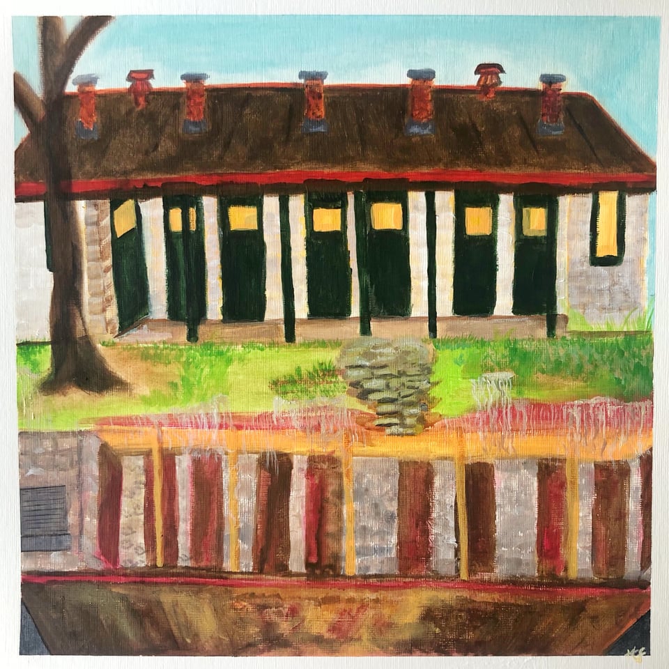 a painting of a renovated former santa fe railroad bunkhouse