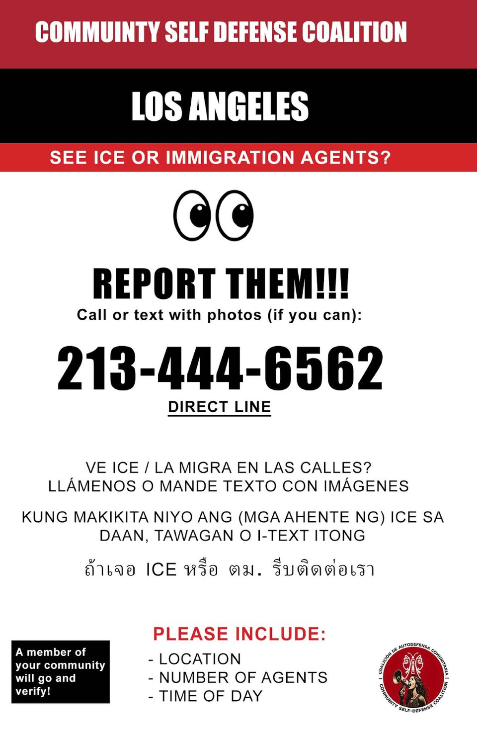 Flyer saying to call 213-444-6562 to report ICE sightings