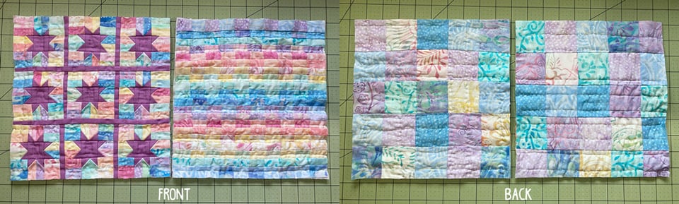 Two miniature quilts, measuring about 10 inches by 9.75 inches, side by side. A photo on the left shows the tops, and a photo on the right shows the backs. They're made with batik fabrics in vibrant and pastel colors. One quilt is made with purple star blocks and a grid pattern, and the other is laid out like brick tiling.