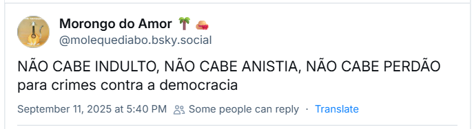 Post de Morongo do Amor 🌴👒 (‪@molequediabo.bsky.social‬) com o texto: NÃO CABE INDULTO, NÃO CABE ANISTIA, NÃO CABE PERDÃO para crimes contra a democracia