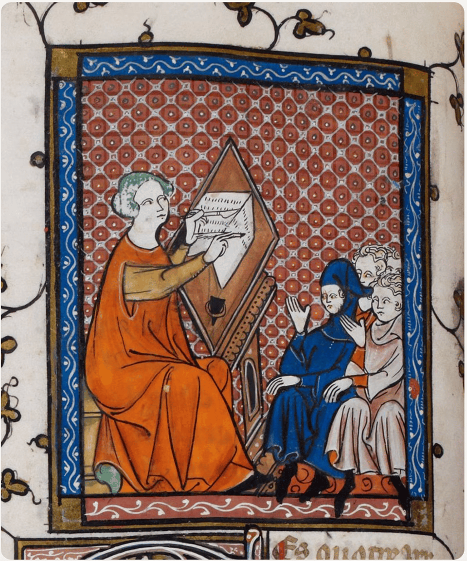 Detail from a medieval manuscript illustration. A serious looking woman in a fire-coloured orange robe sits at a desk, writing with pens in both hands. Students sit facing her, looking equally serious, two with a hand half-raised, wondering whether to ask a question. The decorative background is compose of rows of reddish-orange circles.
