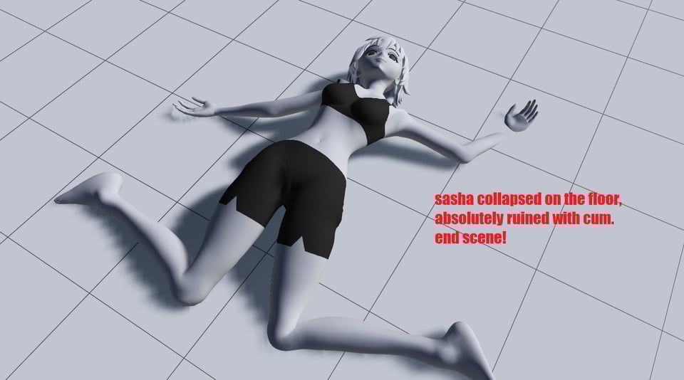 the female 3D model is lying on her back on the floor