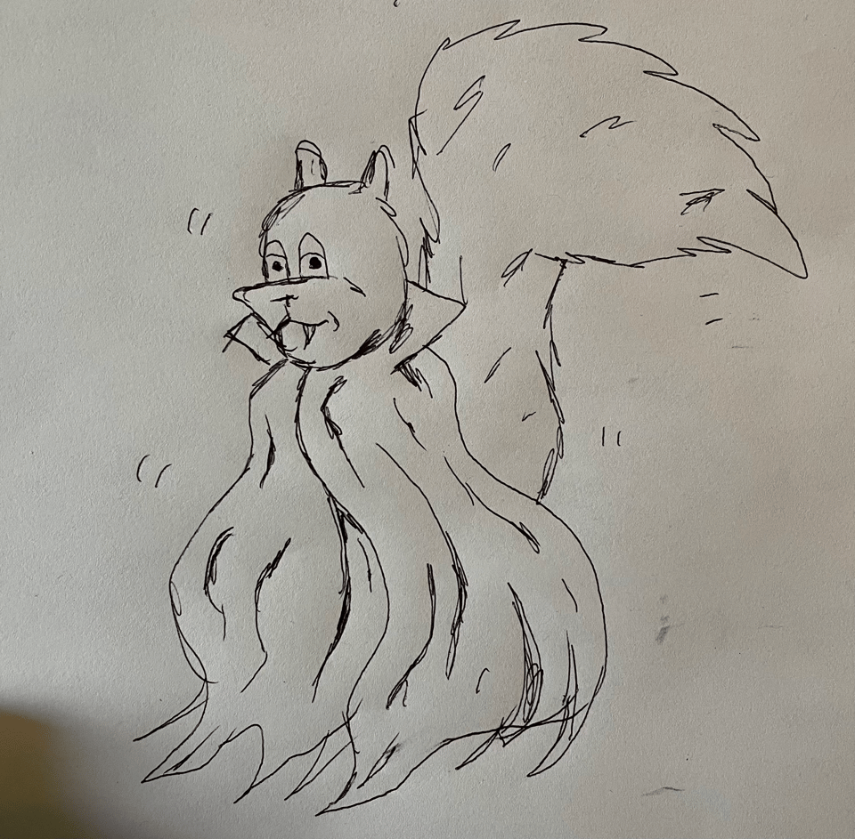 A cartoon squirrel with fangs draped in a flowing cloak