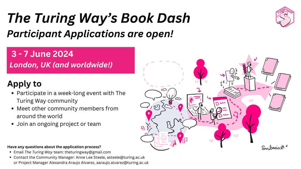 A hand drawn scriberia image in pink and greyscale populates the right side of the digital flier. There is a hand-drawn globe featuring markers and text bubbles in different geographies, connected by a pink dashed line as if communicating with each other. On the right side of the globe is a path where people are writing on computers and on paper, with the dashed line following them. The line continues to show a person reviewing text and writing, which converges into books. The flier holds information about Book Dash Applications.