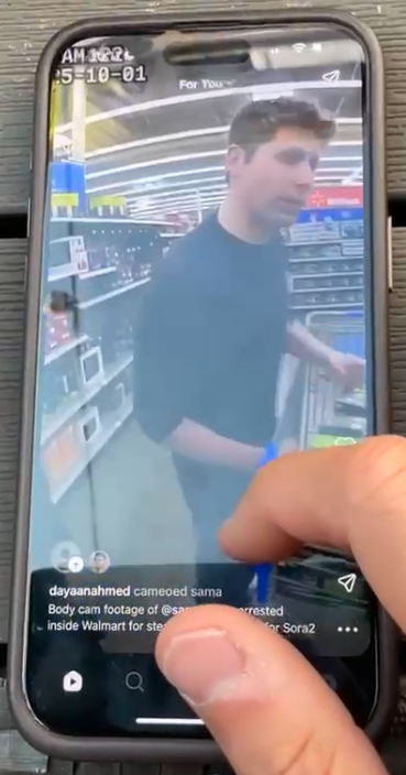 An iPhone screen shows a figure that looks like Sam Altman in a store aisle. The prompt, at the bottom of the screen, reads, "Body cam footage of @sama arrested inside Walmart for stealing"