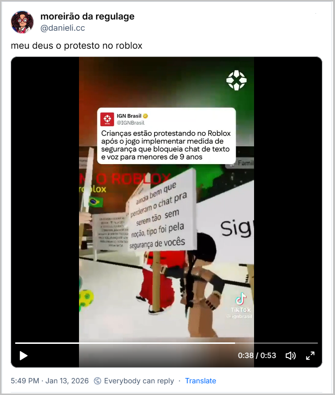 Post de moreirão da regulage (‪@danieli.cc‬) com o texto: meu deus o protesto no roblox (post contém um video)