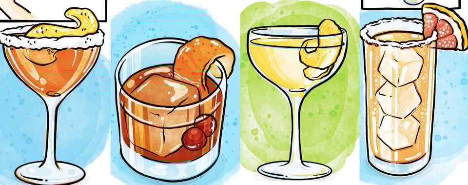 Four finished cocktail illustrations for the book, featuring color, light, reflections, and also color. :)