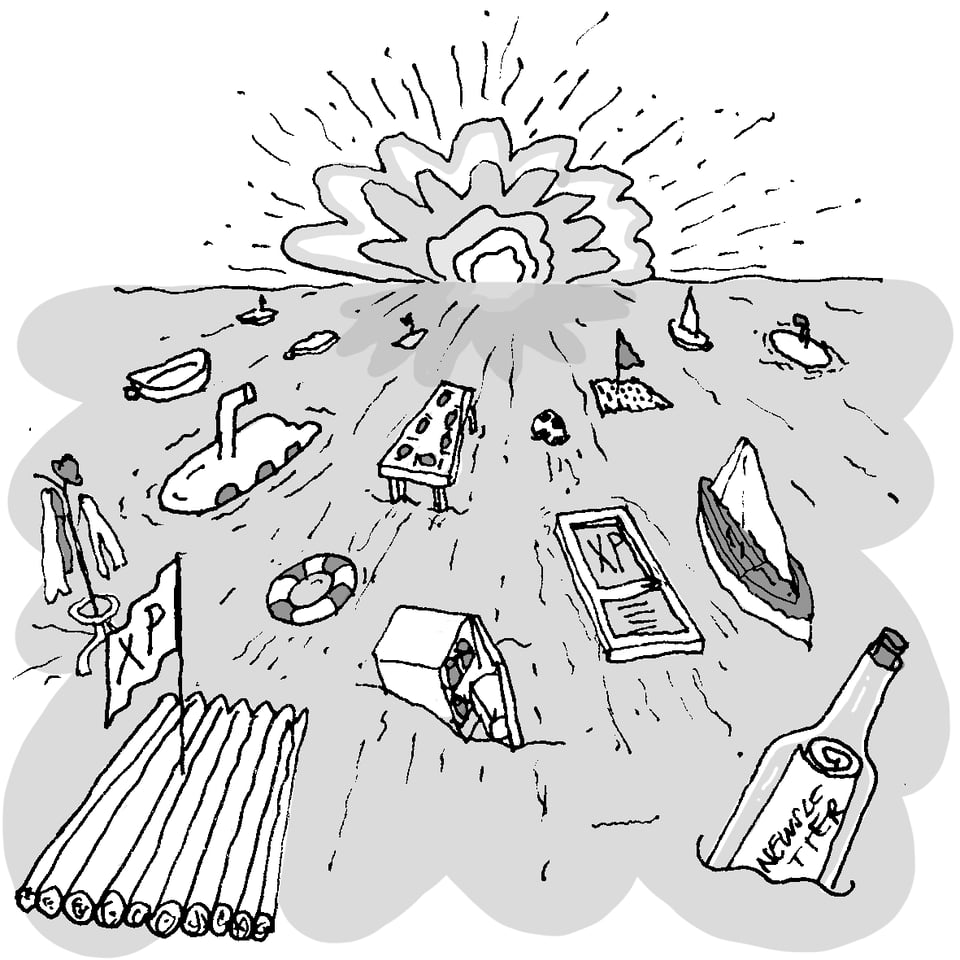 [An illustration of the ocean with the objects from the earlier illustrations, alongside various boats and vessels, sailing toward the horizon.]