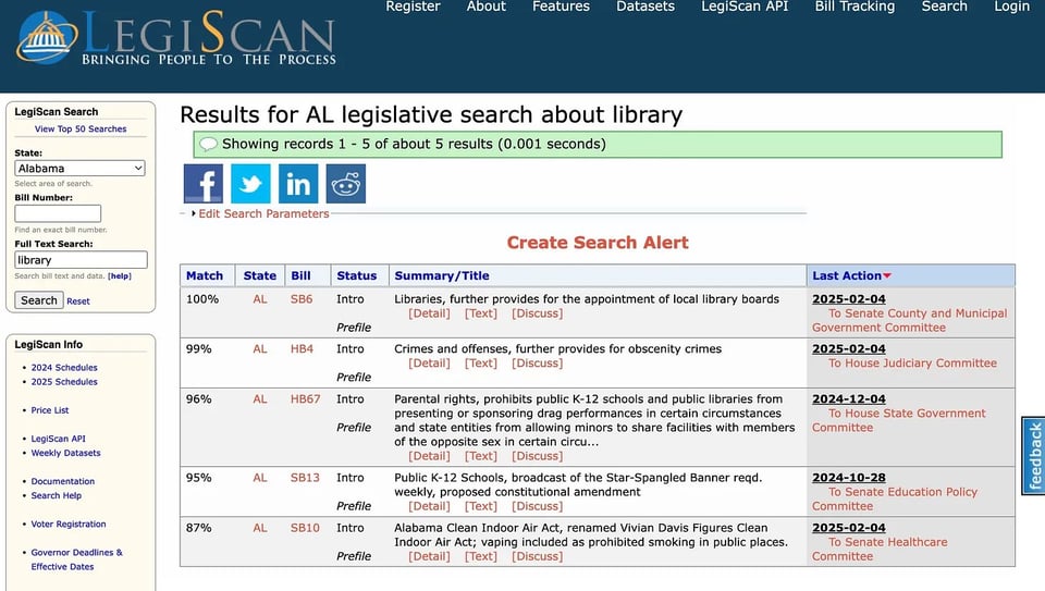 Image of a search result page on Legiscan