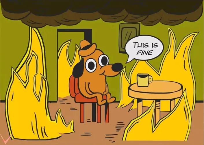 [Meme of a cartoon dog, wearing a hat, sat at a table with a cup of coffee in a house that is on fire. The dog appears zoned-out, and a speech bubble next to its head says 'This is fine'. Tone: satire/sarcasm]
