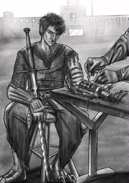  A black and white image for the Crucible of Aether TTRPG depicts an armored figure sitting at a table with a two-handed sword. He has avian features, including feathers and taloned feet. He has a clockwork artificial arm splayed out for a second figure to do repairs.
