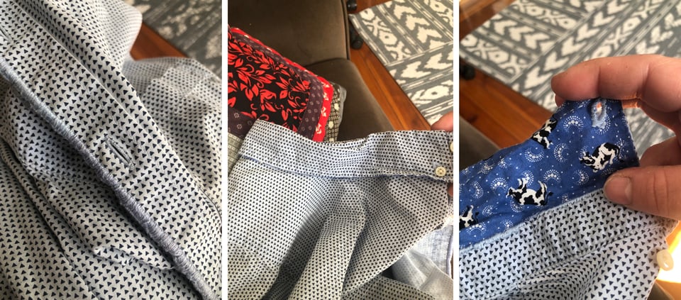 three photos of mends made on the same light-blue shirt: the aforementioned blanket-stitching of the button placket, the outside of the collar (now a little wrinkly because I didn't replace the backing, oops), and the underside of the collar, now done in dark blue fabric with little cows.