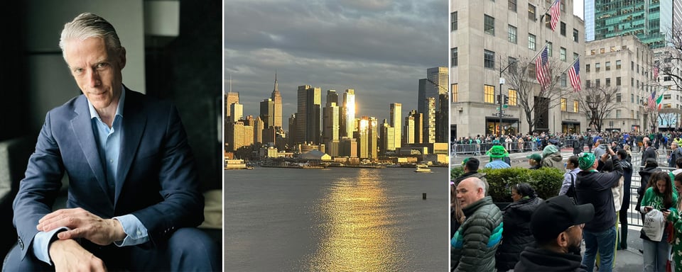 3 images: left, a white man in a navy suit & light blue shirt, sitting; center, the golden-hour sunlight reflecting off the NYC skyline into the Hudson; right, a scene from St. Patrick's day parade on 5th Avenue.