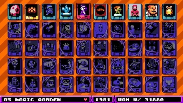 A screen shot from UFO 50 showing all the games as game cartridges with various pictures on them.