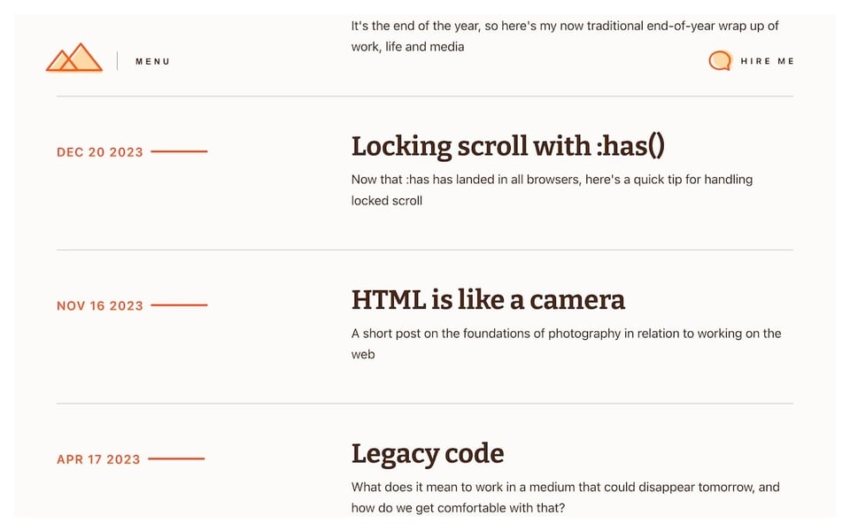 The writing section with a few headlines of posts