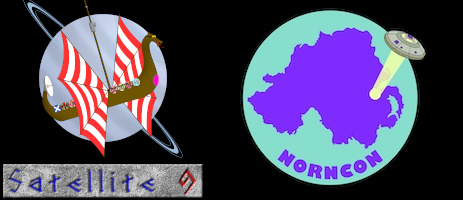 The logos of Satellite 9 and Norncon: the first is a viking longship flying past a blue ringed planet, the second is a flying saucer shining a beam of light onto the location of Belfast on a map of Northern Ireland encompassed in a circle.