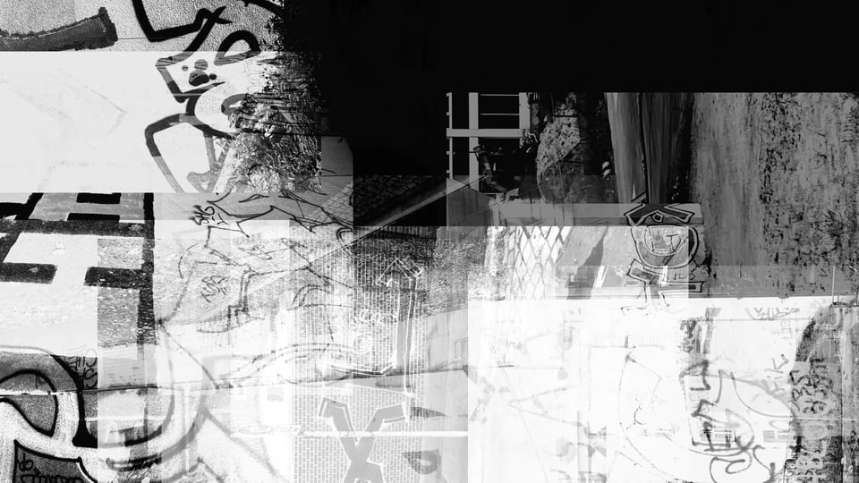 black and white collaged images of graffiti