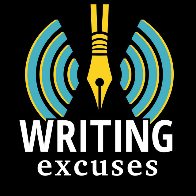 Image shows a pen with soundwaves coming out of hte tip. The words below read: "Writing Excuses."