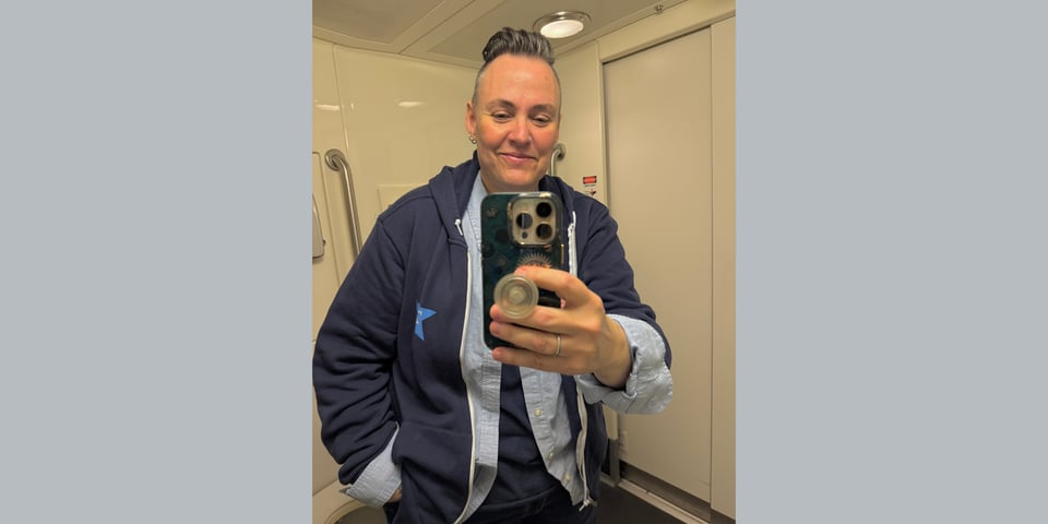 a selfie of the author in the train bathroom