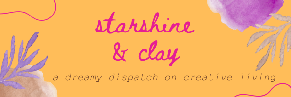 a bright orange banner decorated with purple flowers that reads "starshine & clay, a dreamy dispatch on creative living"