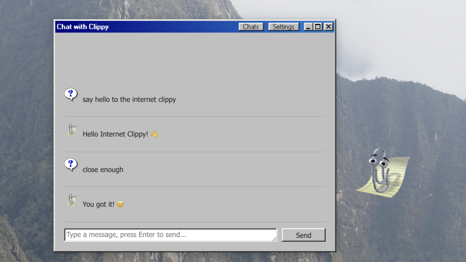 A screenshot of Clippy running on a Mac, complete with Windows 95 visuals. I say "say hello to the internet clippy", which which it responds "Hello Internet Clippy!"