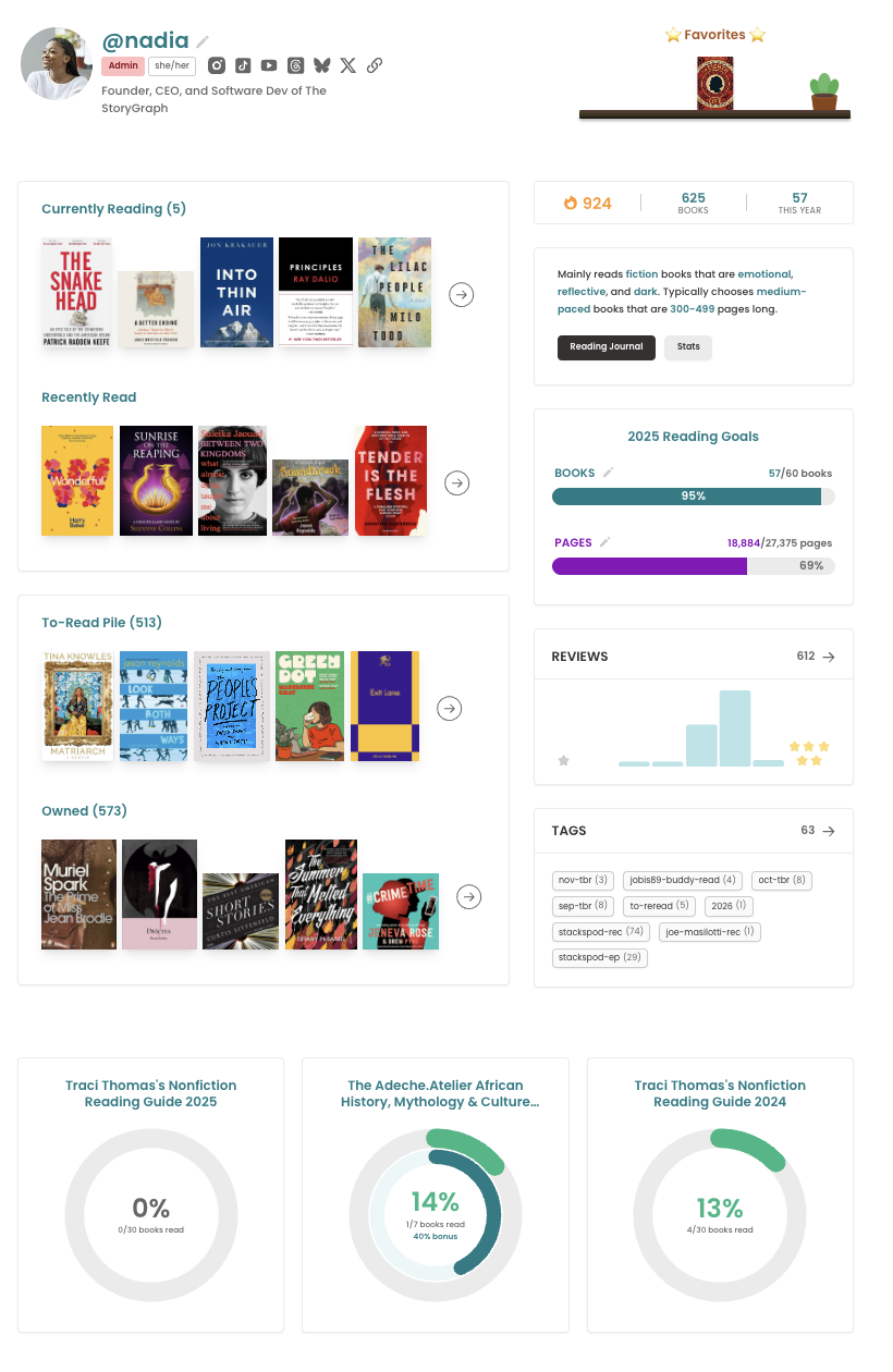 An updated profile page on The StoryGraph with a refreshed design. Sections are simplified and reorganized, with larger book covers and clearer groupings for “Currently Reading,” “Recently Read,” “To-Read Pile,” and “Owned.” Reading goals remain visible but now sit alongside stats, reviews, and tags, creating a cleaner, more modern layout.