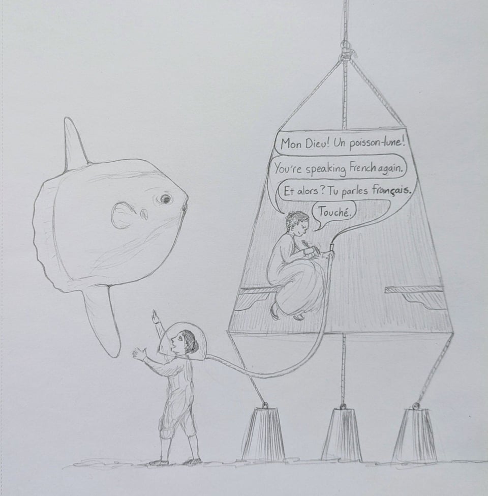 An old fashioned diving bell is sketched in cross section. A huge sunfish swims next to it, and a woman in a diving helmet stands just outside the bell pointing at the fish in excitement. Another woman sits on a bench inside the bell, taking notes. They are having a conversation through the air supply to the diving helmet:
