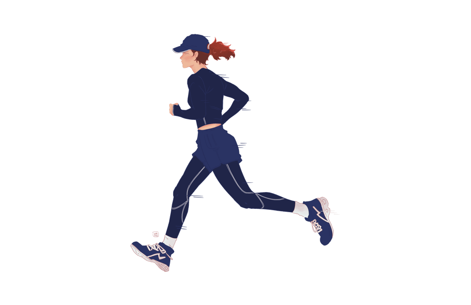 An illustration of a woman running in dark blue set