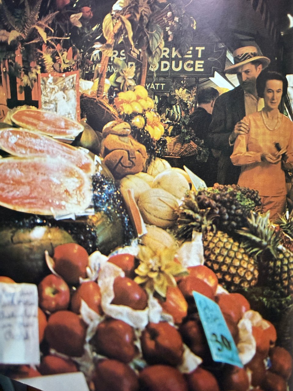 Mary and Vincent Price visit a grand, outdoor produce market in the book A Treasury of Great Recipes