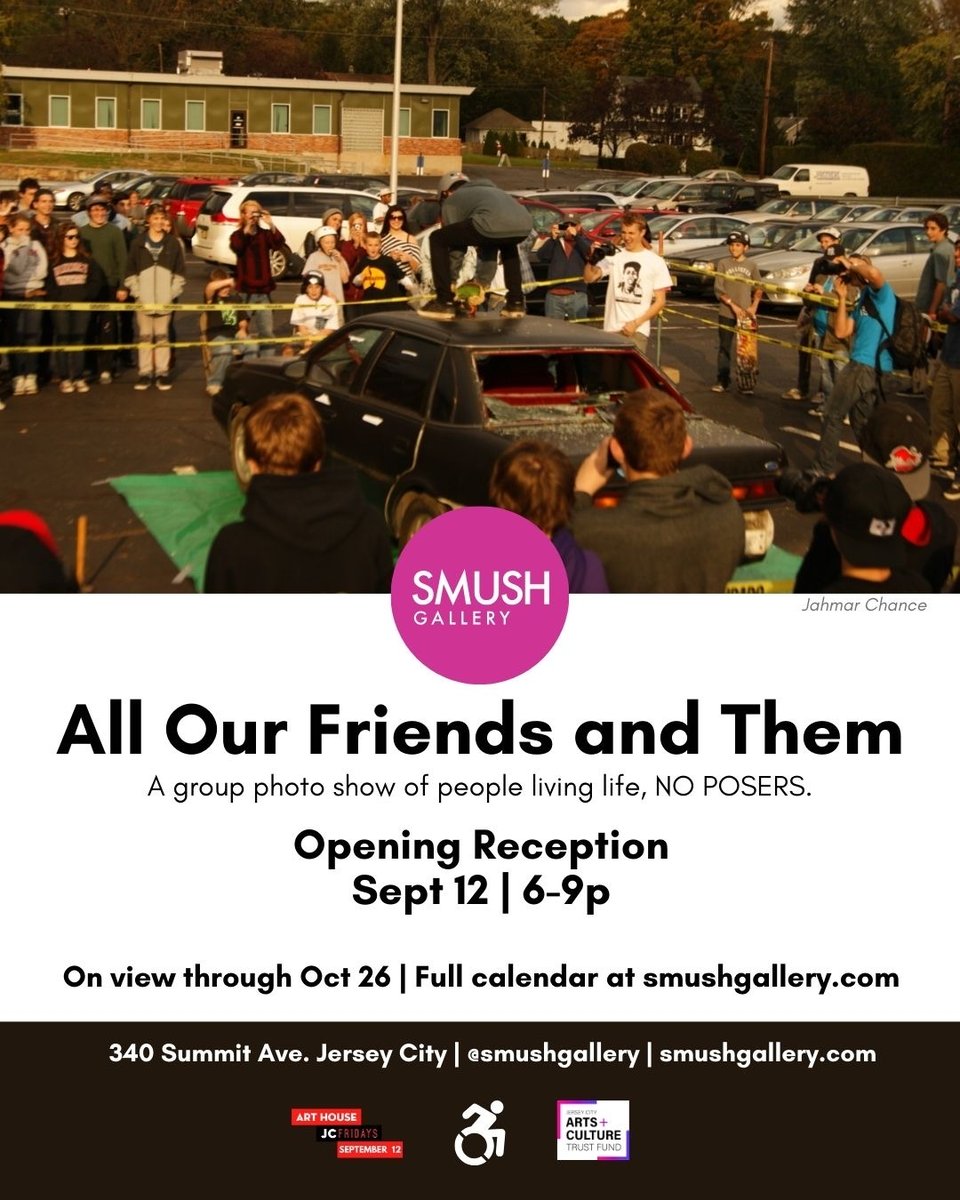 A flyer for Smush Gallery's "All Our Friends and Them" series and its opening reception on Friday, Sept 12th from 6 to 9 PM at 340 Summit Ave, Jersey City, NJ.