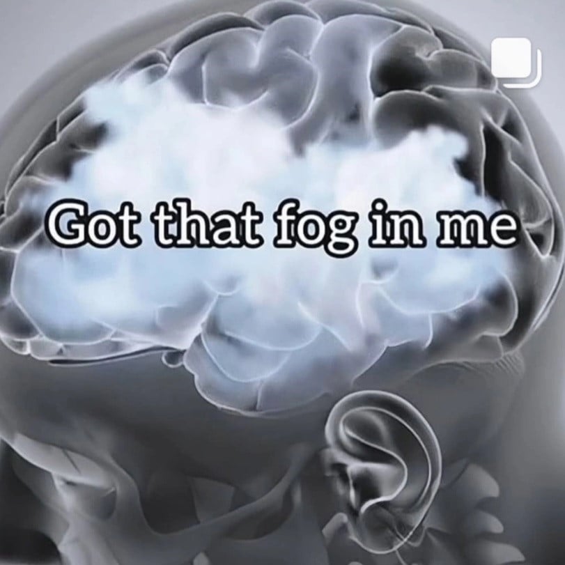 A 3D, x-ray type image of a skull and brain, with most of the brain obscured by fog. Overlaid text reads "Got that fog in me"