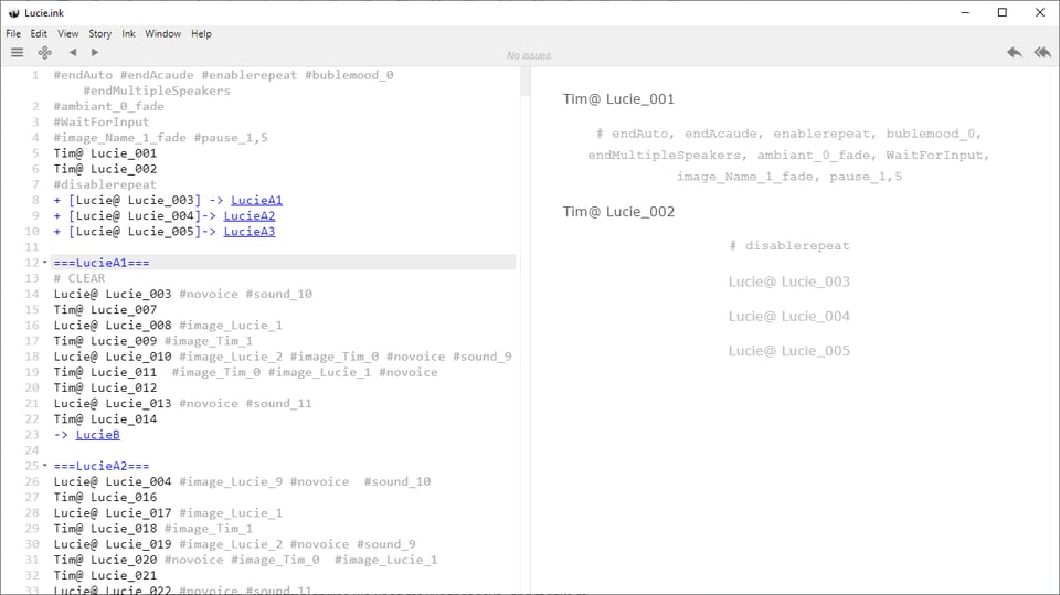Screenshot of an ink file in Inky. All the sentences have been replaced by Lucie_001, Lucie_002 etc