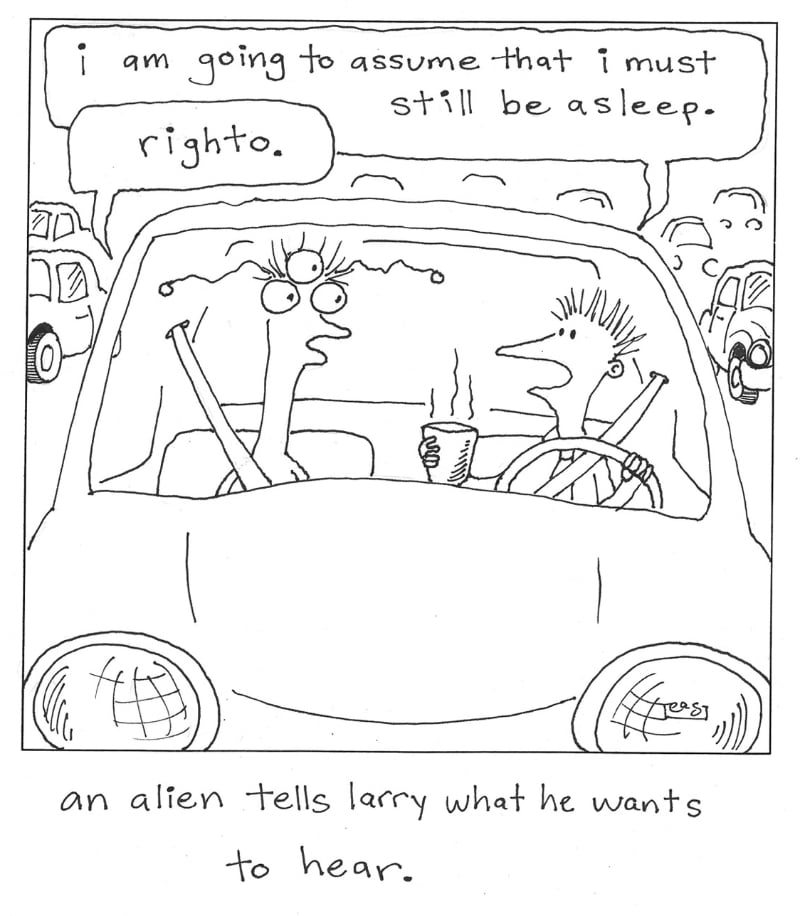 Cartoon of a man talking to an alien in his car